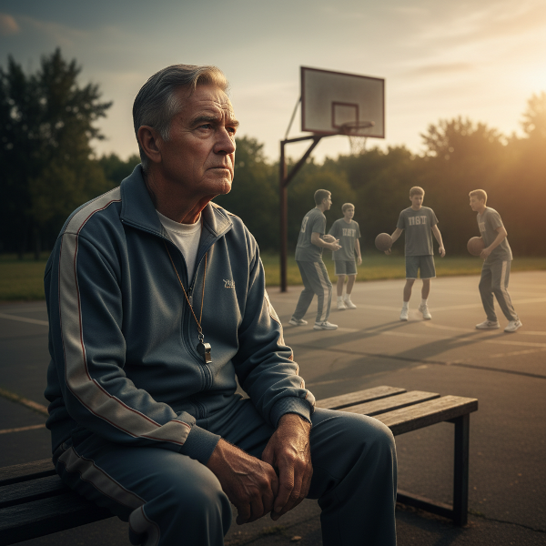 Isang retiradong coach na nagmumuni-muni sa basketball court, sumisimbolo sa pagbabago ng pagkakakilanlan at paghahanap ng bagong direksyon.