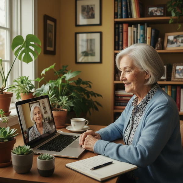 Isang nakaka-inspire na eksena ng isang matandang babaeng therapist na tumutulong sa isang kapwa retirado na makahanap ng bagong layunin at halaga sa buhay sa pamamagitan ng online na konsultasyon.