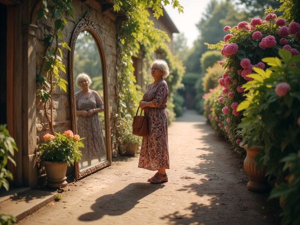 Isang larawan ni Rosa, isang 62-taong-gulang na babae, na nakatingin sa salamin na nagpapakita ng kanyang nakaraan habang may landas patungo sa isang magandang hardin na sumisimbolo sa kanyang bagong yugto sa buhay.