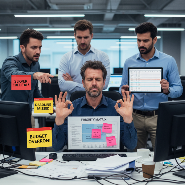 Isang IT project manager na nakakaranas ng stress sa isang magulong opisina, sinusubukang magpahinga at magdala ng kaayusan sa kanyang koponan.