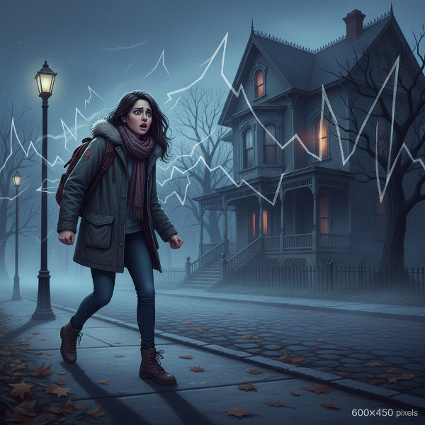 Isang dalagang estudyante ang nagyeyelo sa takot habang nakaririnig ng sigawan at iyak mula sa isang bahay sa dapit-hapon, na nagpapakita ng sikolohikal na epekto ng pagiging saksi sa karahasan.