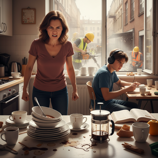 Isang larawan na nagpapakita ng dalawang tao sa magkaibang sitwasyon na nakakaranas ng biglaang pag-init ng ulo dahil sa simpleng pang-araw-araw na gawain at ingay.