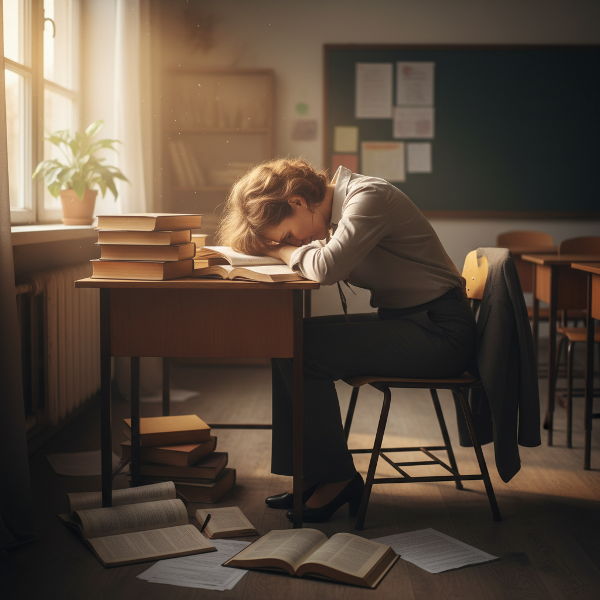 Isang guro na nakakaranas ng burnout, nakayuko sa harap ng mesa na puno ng mga gawain, ngunit may liwanag na sumisilip sa bintana na nagpapahiwatig ng pag-asa at muling pagbabangon.