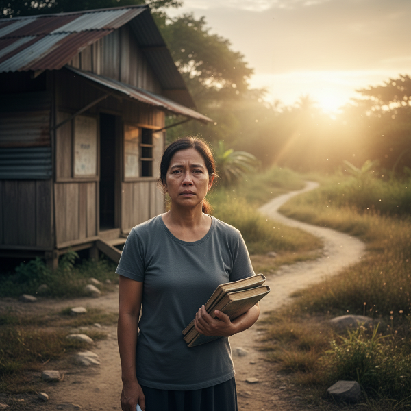 Isang guro na nakaharap sa pintuan ng silid-aralan, may halo ng takot at pag-asa, na may malambot na liwanag sa likuran.