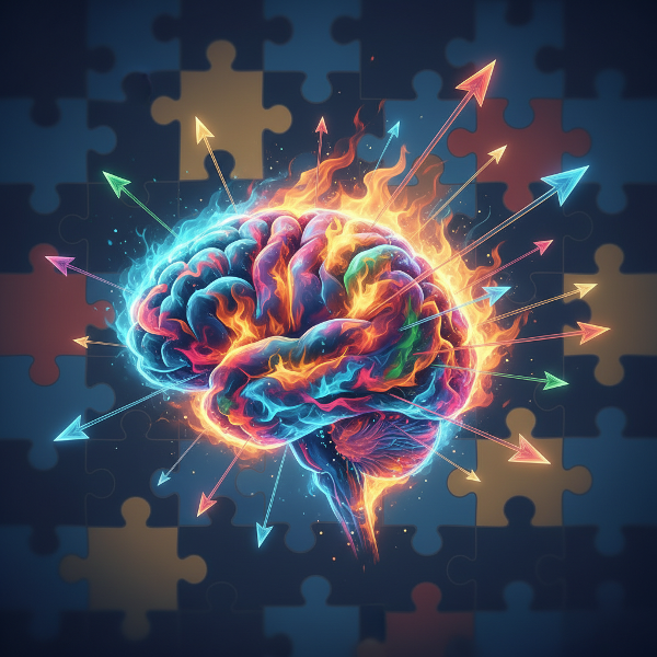 Isang abstract na representasyon ng pagkamalikhain na nagpapakita ng isang aktibong utak na naglalabas ng iba't ibang kulay at hugis, na sumisimbolo sa pagiging madaling umagos, kakayahang umangkop, at pag-unlad ng mga ideya.