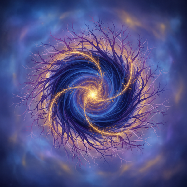 Isang abstract na representasyon ng tatlong cognitive modes: introspective, relational, at integrative, na nagpapakita kung paano binubuo ng isip ang realidad.