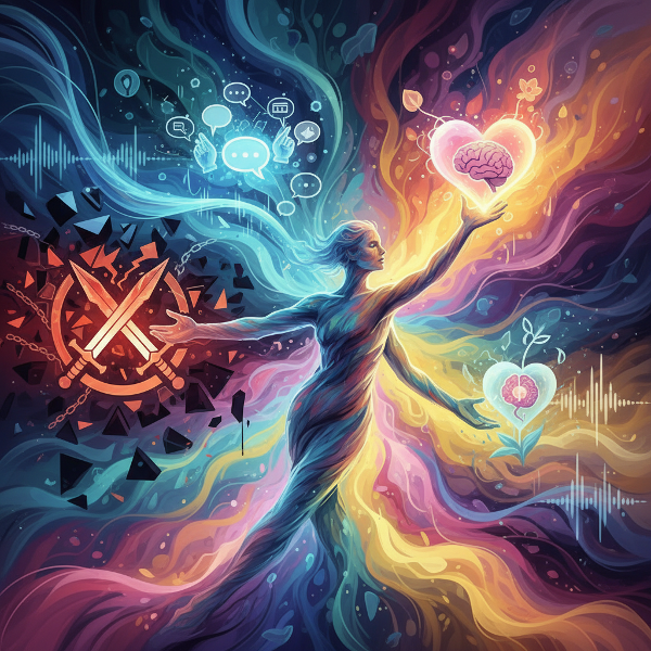 Isang abstraktong larawan na nagpapakita ng mga pattern ng pakikipag-ugnayan, komunikasyon, at emosyonal na kalusugan ng isang tao sa kanyang paligid.