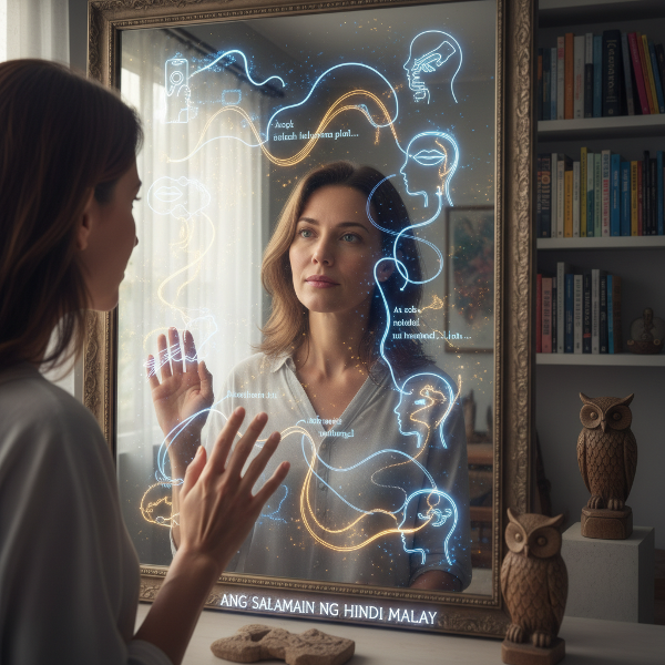 Larawan ng isang tao na nakaharap sa salamin na nagpapakita ng mga pattern ng pag-uugali, sumisimbolo sa pagtuklas ng mga hindi malay na gawi.