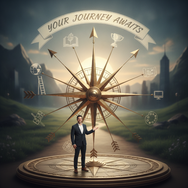 Isang ilustrasyon ng isang tao na may compass na nagpapakita ng iba't ibang career paths, na may mga simbolo ng tagumpay at paglago, na nagbibigay-diin sa pagtuklas ng propesyonal na pagkakakilanlan.