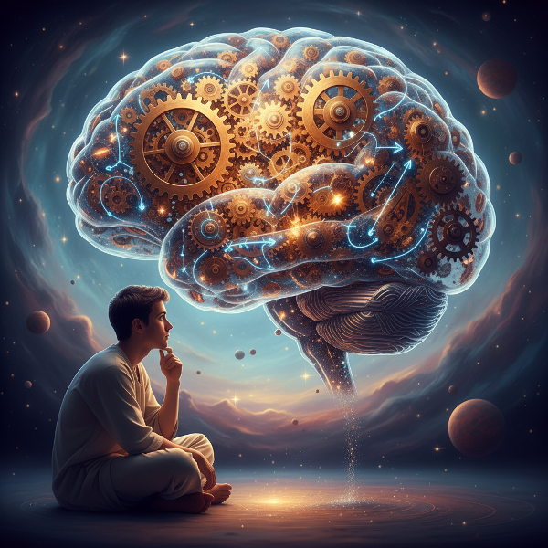 Isang larawan ng isang tao na nag-iisip nang malalim, na nagpapakita ng loob ng utak na may mga mekanismo at liwanag na kumakatawan sa pag-iisip, pagsusuri, at mga bias sa kognitibo.