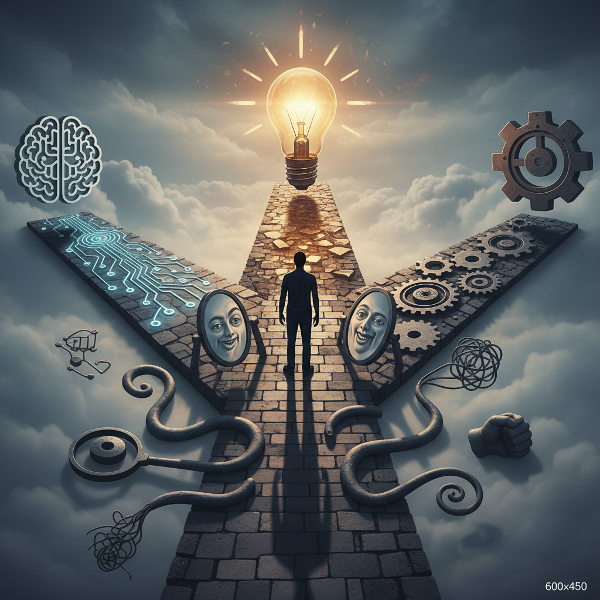 Isang tao sa gitna ng tatlong landas na kumakatawan sa iba't ibang uri ng pag-iisip, habang may mga anino ng bias sa kognitibo sa paligid.