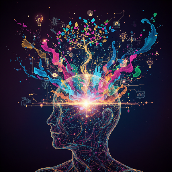 Isang abstract na larawan ng isang malikhaing utak na naglalabas ng mga kulay, hugis, at koneksyon, na kumakatawan sa proseso ng pag-iisip at paglikha.