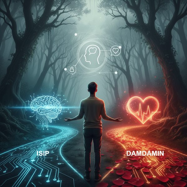 Isang larawan ng isang tao sa isang krus na daan, na may isang landas na may simbolo ng utak at isa pang may puso, na sumisimbolo sa pagpili sa pagitan ng lohika at damdamin sa komunikasyon at pagdedesisyon.