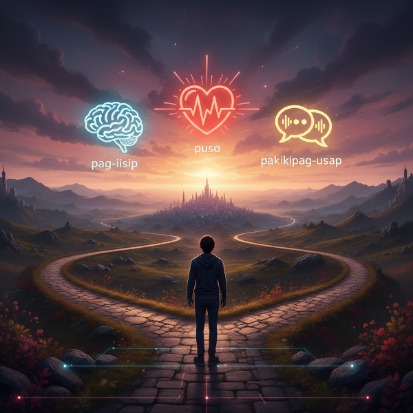 Isang tao sa gitna ng mga landas na may mga simbolo ng pag-iisip, puso, at pakikipag-usap, na nagpapakita ng pagtuklas sa sariling estilo ng pagdedesisyon at pakikipag-ugnayan.