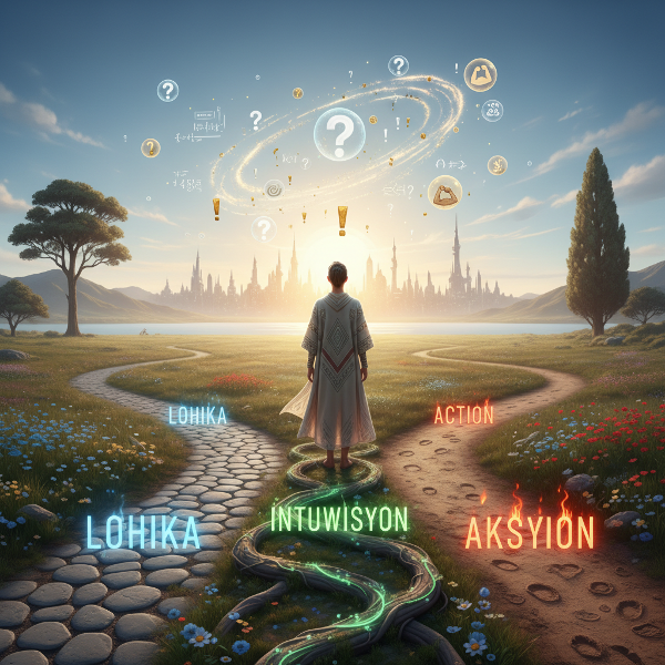 Isang larawan ng isang tao sa gitna ng tatlong landas na sumisimbolo sa iba't ibang paraan ng paggawa ng desisyon.