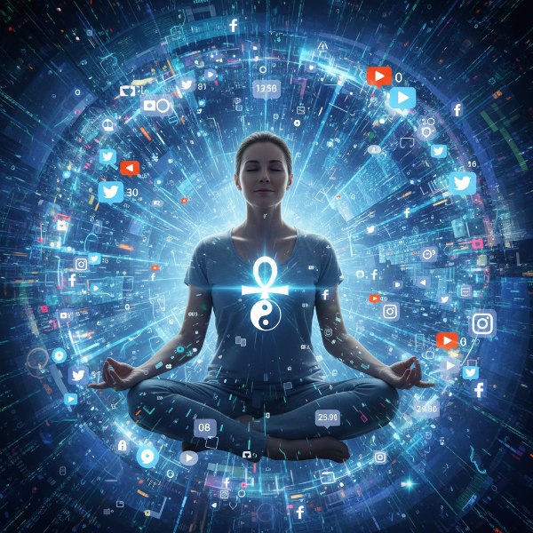 Isang larawan ng isang taong matatag at mapayapa sa gitna ng bagyo ng digital na impormasyon at abiso, na sumisimbolo ng digital resilience.