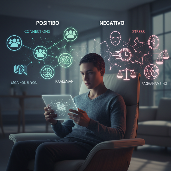 Isang larawan na nagpapakita ng balanse sa pagitan ng mga benepisyo at hamon ng digital na mundo, na sumasalamin sa pagsusuri ng kalusugan ng ugnayan sa teknolohiya.