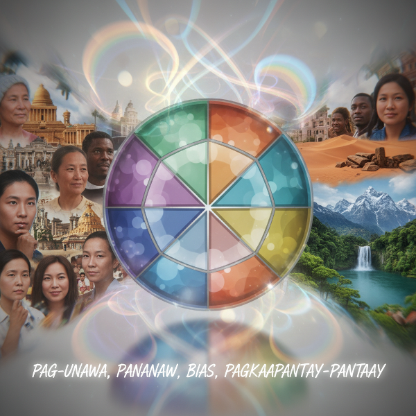 Isang larawan ng isang malaking, makulay na lente na nakaharap sa isang mosaic ng magkakaibang mukha at tanawin ng mundo, na sumisimbolo sa paggalugad ng sariling pananaw at bias.