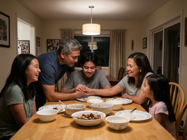 Isang larawan ng isang pamilya na nagkakasundo sa hapag-kainan, na nagpapakita ng malusog na komunikasyon at emosyonal na koneksyon.