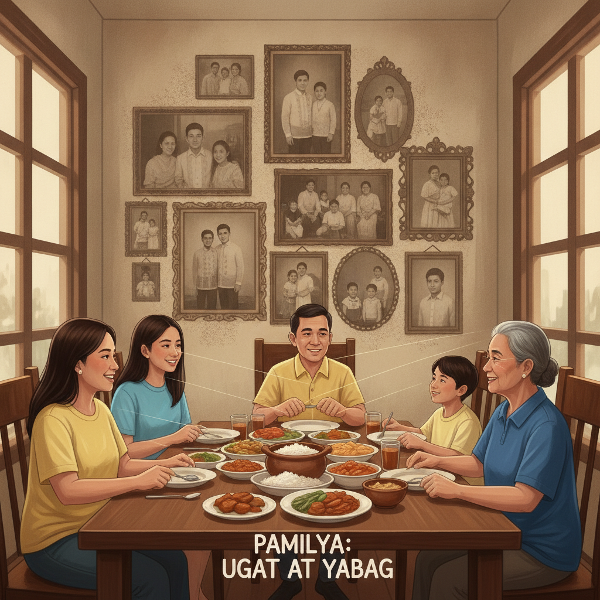 Isang digital na ilustrasyon ng isang pamilya sa hapag-kainan na may mga simbolo ng mga pattern ng pag-uugali at emosyonal na koneksyon.