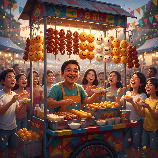 Isang masaya at makulay na larawan ng isang Pinoy street food vendor na nagbebenta ng iba't ibang klaseng pagkain tulad ng isaw, kwek-kwek, at fishball, na may mga taong nag-eenjoy.