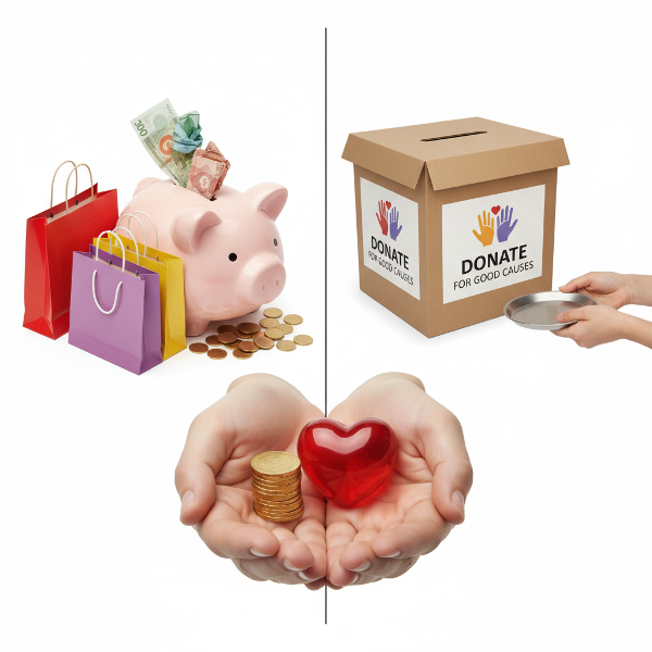 Mga kamay na may hawak na barya at puso, may piggy bank, shopping bags, at donasyon, representasyon ng financial personality.