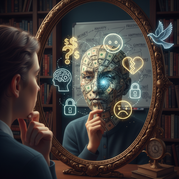 Isang larawan na nagpapakita ng paghahanap sa sarili sa pamamagitan ng salamin na sumasalamin sa emosyonal na ugnayan sa pera.