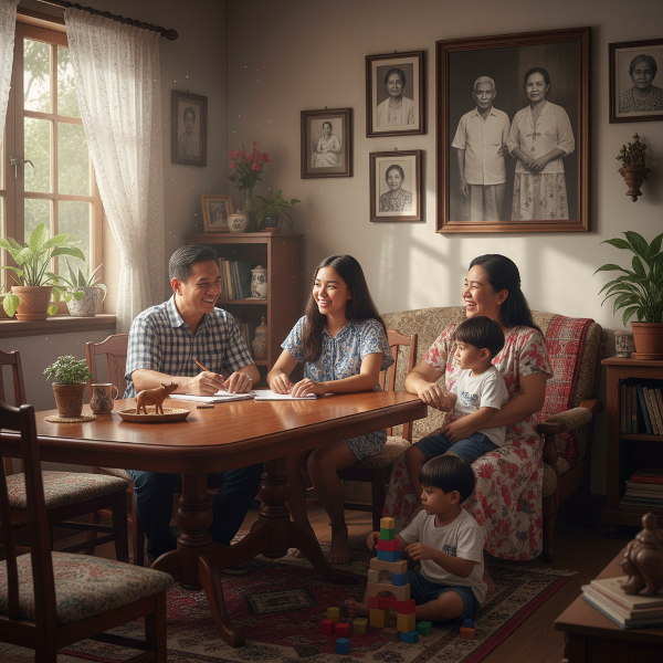 Isang larawan ng isang pamilyang nagkakaisa sa loob ng tahanan, na sumisimbolo sa pag-aaral ng dinamika at pagbuo ng malusog na relasyon sa pagitan ng mga henerasyon.