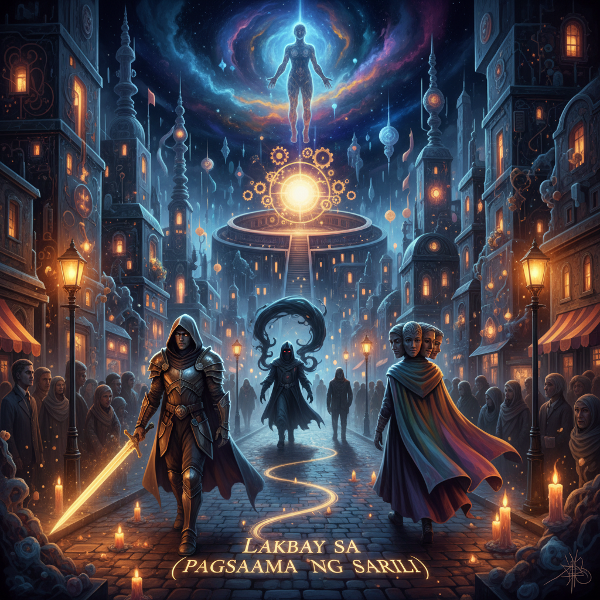 Isang ilustrasyon ng panloob na lunsod ng isip na may mga simbolikong archetype ni Jung na naglalakbay patungo sa gitna ng pagkatao.