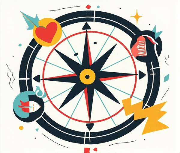 Isang makulay na compass na may mga simbolo ng puso, utak, at kidlat na sumisimbolo sa tatlong puwersa: emosyon, lohika, at aksyon, na nagpapakita ng pagtuklas sa panloob na gabay.