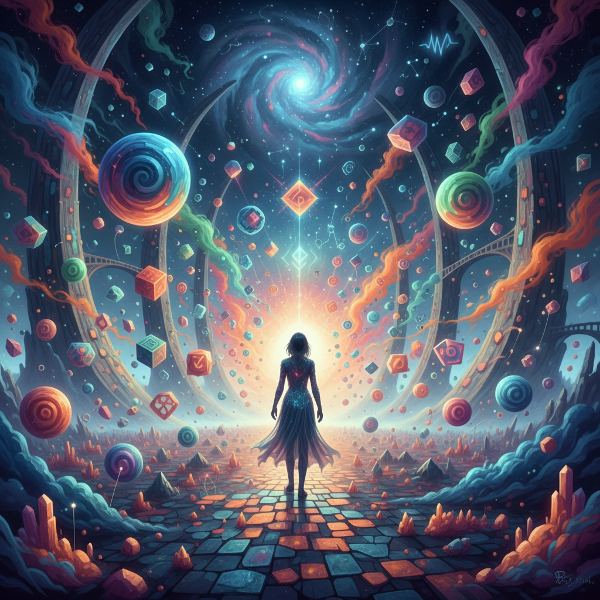 Isang larawan ng isang tao sa isang abstract na landscape ng isip, na napapaligiran ng mga simbolo ng emosyon at pag-iisip, habang naglalakbay patungo sa liwanag ng pag-unawa sa sarili.