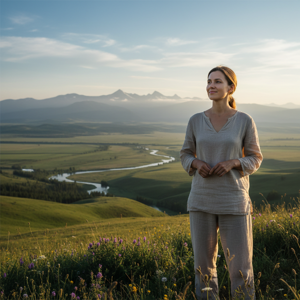 Isang larawan ng isang taong mapayapa at kalmado na nakangiti habang nakatingin sa magandang tanawin ng kalikasan, na sumisimbolo ng panloob na kapayapaan at emosyonal na balanse.