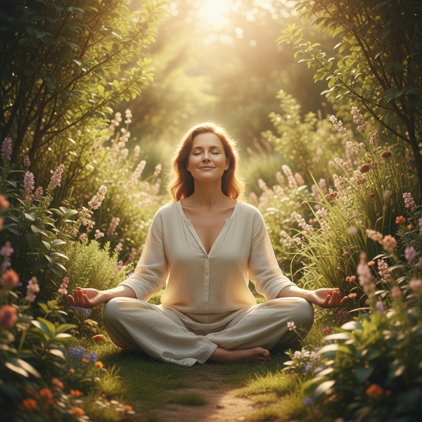 Isang larawan ng isang taong nakakaranas ng panloob na kapayapaan sa isang tahimik na hardin, na sumisimbolo sa emosyonal na balanse at kasiyahan.