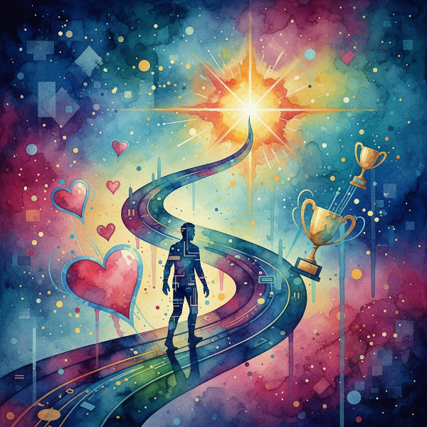 Isang abstract na larawan ng isang tao sa isang landas patungo sa tagumpay, na kumakatawan sa panloob at panlabas na motibasyon sa pamamagitan ng sining.