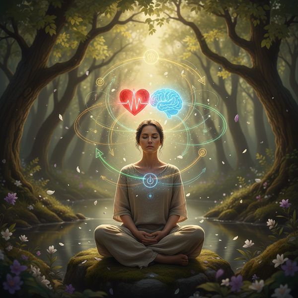 Larawan ng isang tao na sumasalamin sa ugnayan ng isip at katawan, na napapalibutan ng mga simbolo ng kalusugang sikolohikal at pisikal sa isang mapayapang tanawin.