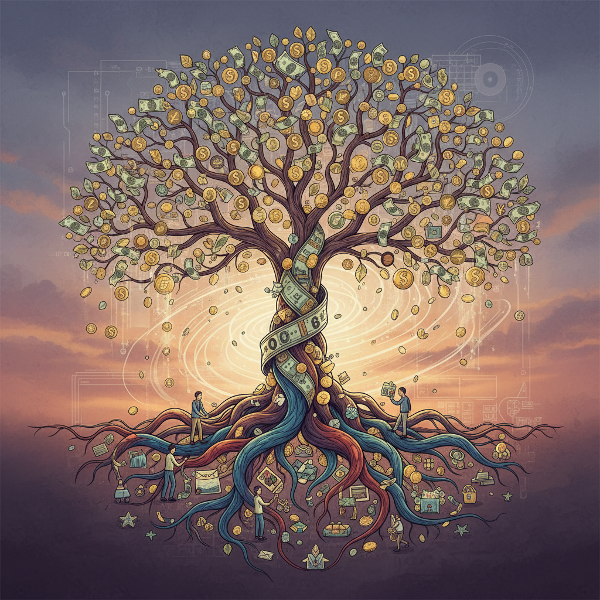 Isang malikhaing larawan na nagpapakita ng pera bilang isang puno na may mga ugat na kumakatawan sa emosyon at alaala, at mga dahon na hugis salapi at barya, na sumisimbolo sa sikolohikal na balangkas ng ating relasyon sa pananalapi.