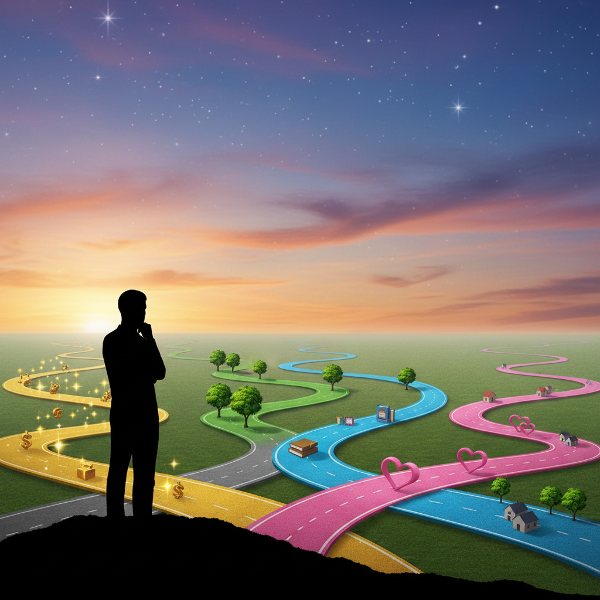 Isang larawan ng isang tao sa isang krosing ng landas, na sumisimbolo sa pagpili ng mga halaga at direksyon sa buhay.