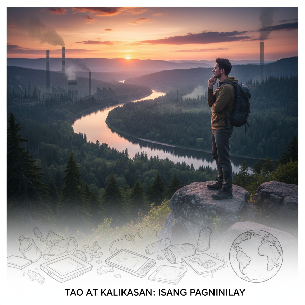 Isang larawan na nagpapakita ng isang tao na nagmumuni-muni sa isang magandang tanawin ng kalikasan, na sumisimbolo sa koneksyon sa kapaligiran at pag-aalala para sa planeta.