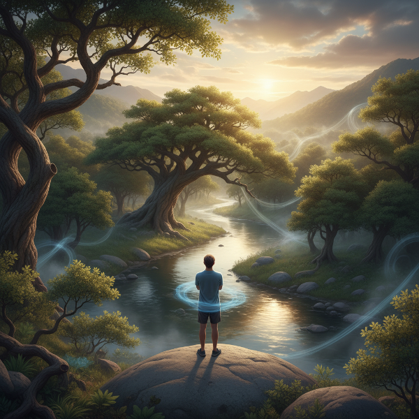 Larawan ng isang taong nakatingin sa magandang tanawin ng kalikasan na may puno at ilog, na sumisimbolo sa koneksyon sa mundo at kalusugang pangkaisipan.
