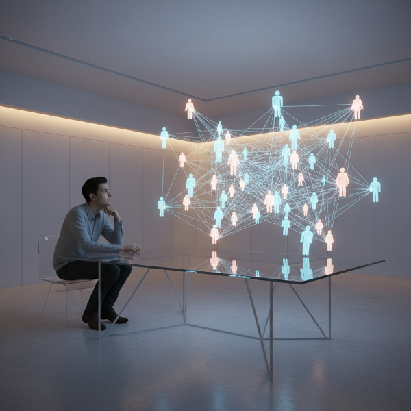 Isang minimalistang larawan ng isang tao na nakatingin sa isang kumplikadong web ng mga linya na kumakatawan sa mga ugnayan, na may emosyonal na kulay at simbolo ng puso.