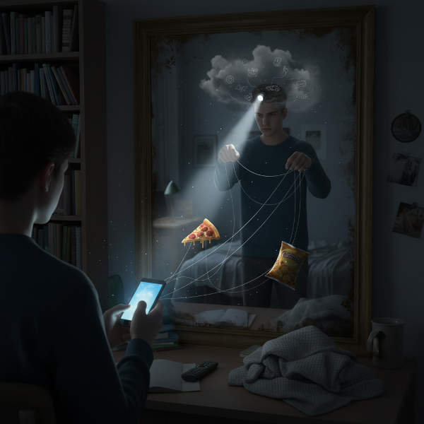 Isang tao na nakatingin sa salamin na nagpapakita ng kanyang mga automatic behavioral loops na kinokontrol ng mga invisible strings. May flashlight na nagliliwanag sa mga pattern ng isip.