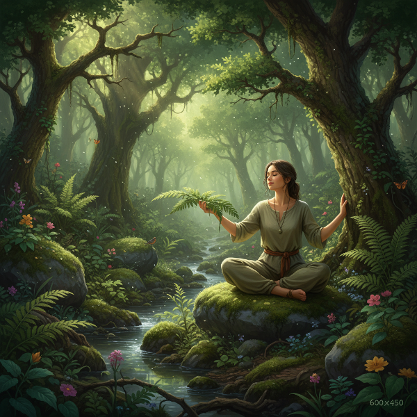 Isang larawan ng isang taong mapayapa sa gitna ng isang luntiang kapaligiran, na sumasagisag ng koneksyon sa kalikasan at mental na kagalingan.