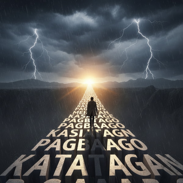 Isang simbolikong larawan ng paglalakbay sa pamamagitan ng mga pagbabago at pagsubok patungo sa liwanag at paglago.