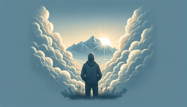 Isang larawan ng isang tao na nakaharap sa tanawin ng bundok, kumakatawan sa paglalakbay patungo sa katatagan at pag-unlad pagkatapos ng mga pagsubok.