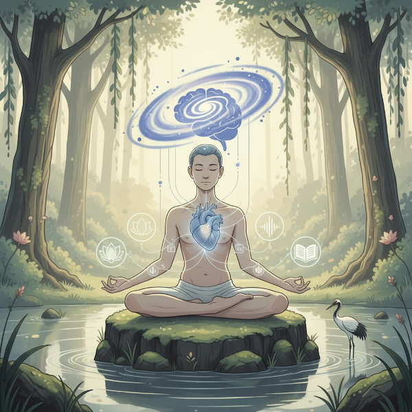 Isang larawan na nagpapakita ng koneksyon sa pagitan ng isip at katawan, na may simbolo ng kapayapaan at balanse.