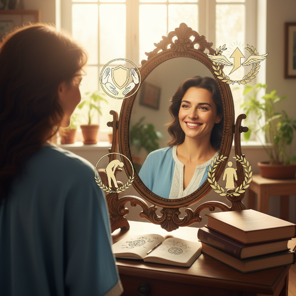 Isang larawan ng isang taong tumitingin sa salamin na may kumpiyansa, na kinakatawan ang pagtanggap at pagpapahalaga sa sarili sa pamamagitan ng mga simbolo ng lakas at pagiging epektibo.