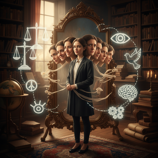 Isang larawan ng isang tao na nakaharap sa salamin na nagpapakita ng maraming bersyon ng sarili, na kumakatawan sa paggalugad ng panlipunang pananaw at bias.