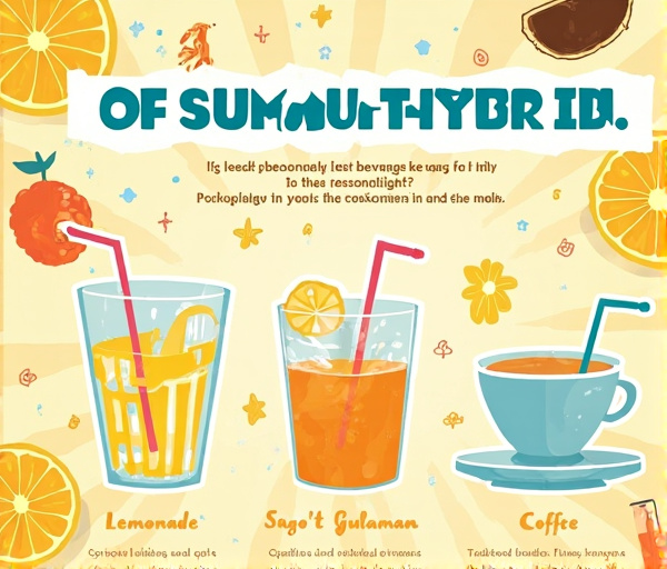 Makulay at magaan na larawan ng personality quiz tungkol sa mga tag-init na inumin tulad ng lemonada, sago't gulaman, at kape, perpekto para sa social media at get-together.