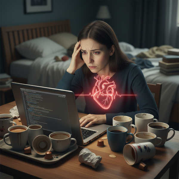 Isang larawan ng isang babaeng virtual assistant na nakaharap sa laptop, napapaligiran ng maraming tasa ng kape, na nagpapakita ng pagkabalisa at pisikal na sintomas ng caffeine dependency.