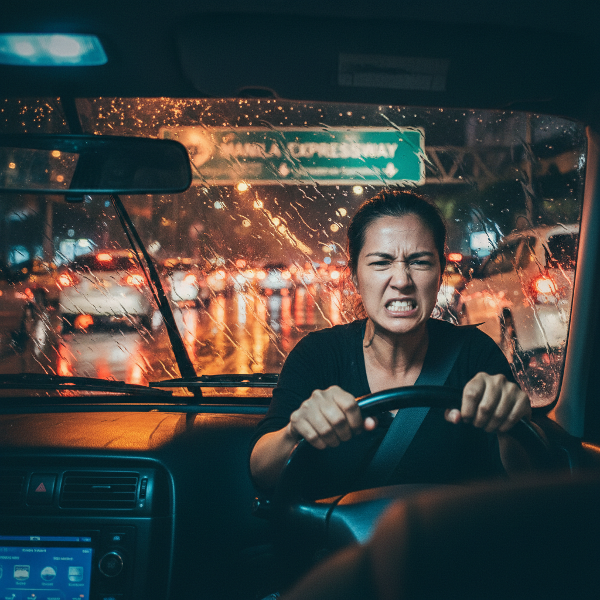 Isang babae sa loob ng sasakyan sa maulan na gabi, nakatingin sa trapiko, habang sinusubukang kontrolin ang kanyang galit sa pamamagitan ng malalim na paghinga.